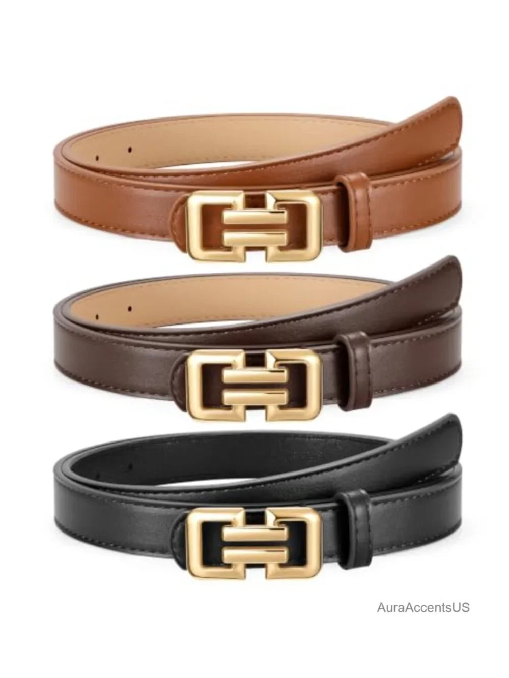 3 Packs Women Faux Leather Belts with Gold Hollow Square Buckle